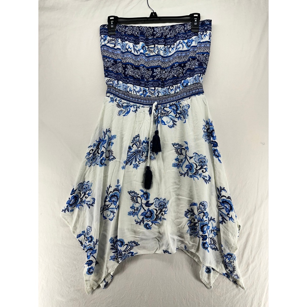 Xhilaration Blue White Floral Strapless Handkerchief‎ Hem Boho Mini Dress Medium